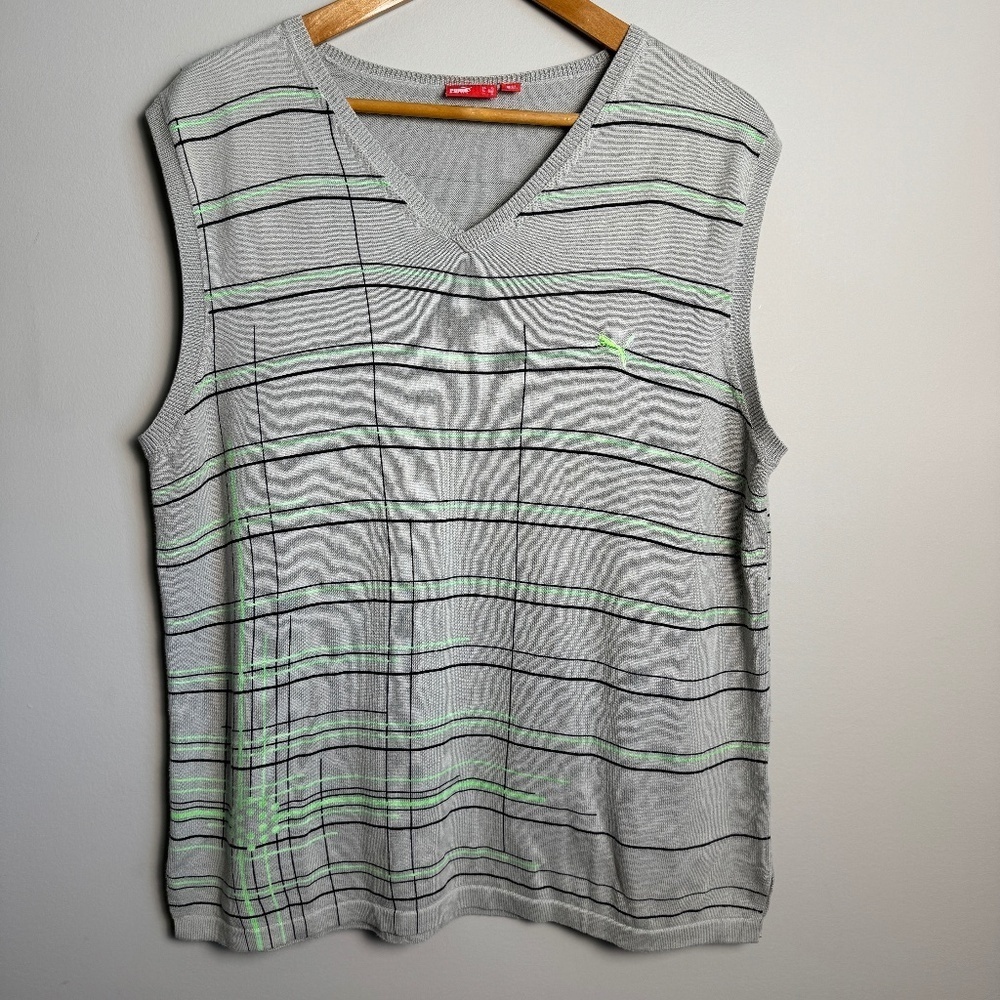 Puma Striped V-Neck Knit Sweater Vest Mens XL Grey Green Y2K Sporty Preppy‎